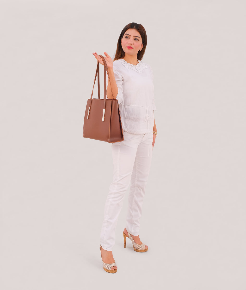 Z.B - Brown zipper shoulder bag with long handle