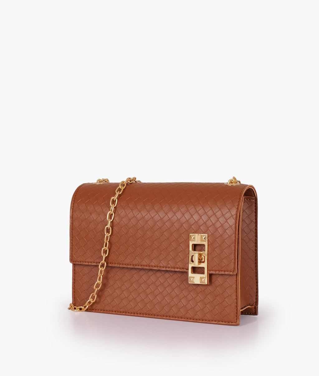 Z.B - Brown weaved chain shoulder bag with twist lock