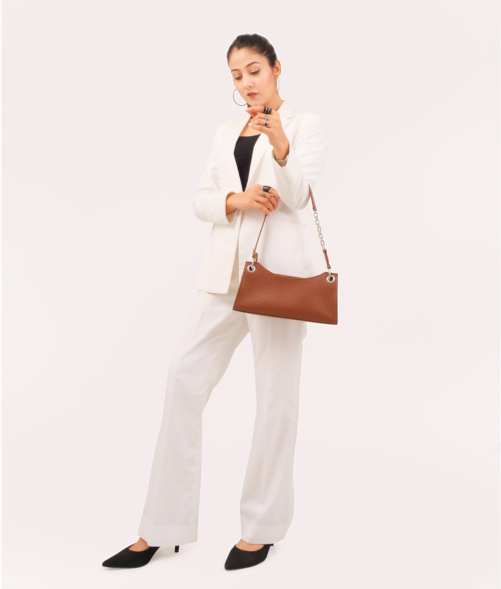 Z.B - Brown weaved elongated chain handle purse