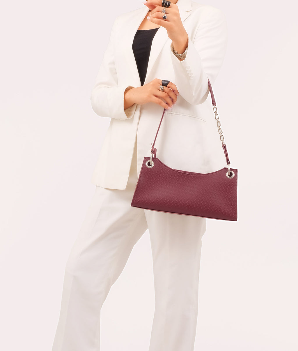 Z.B - Burgundy weaved elongated chain handle purse